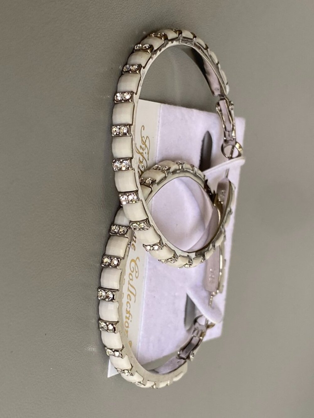 Fifth Avenue Ivory Enamel Swarovski Crystal Hoop Earrings Sterling Silver Post - Picture 3 of 7